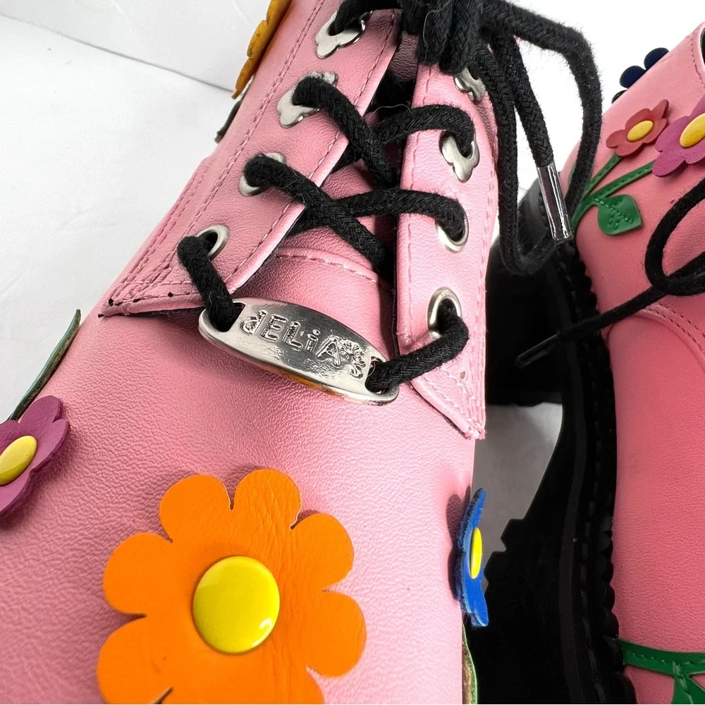 Delia’s Platform Shoes Pink Floral Flower Chunky Lace Up Size 5 Faux Leather